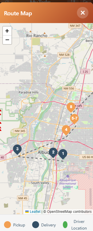 Driver app route map with the day's stops